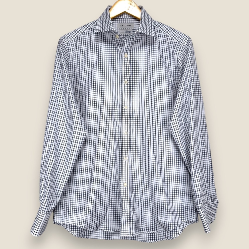 Twillory Safe Cotton Dress Shirt Men Medium White Navy Blue Check Stretch